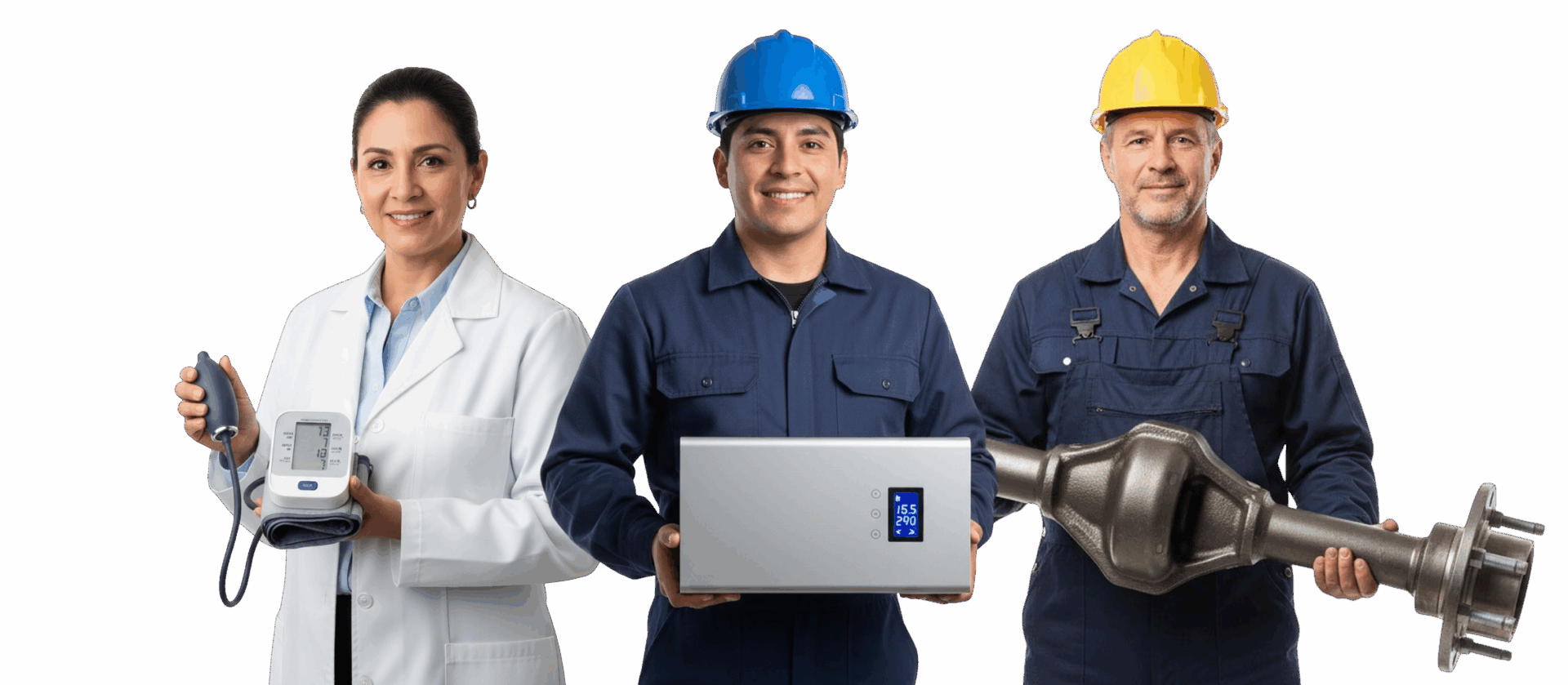 A quality engineer, an assembly operator and a technician each holding a finished product