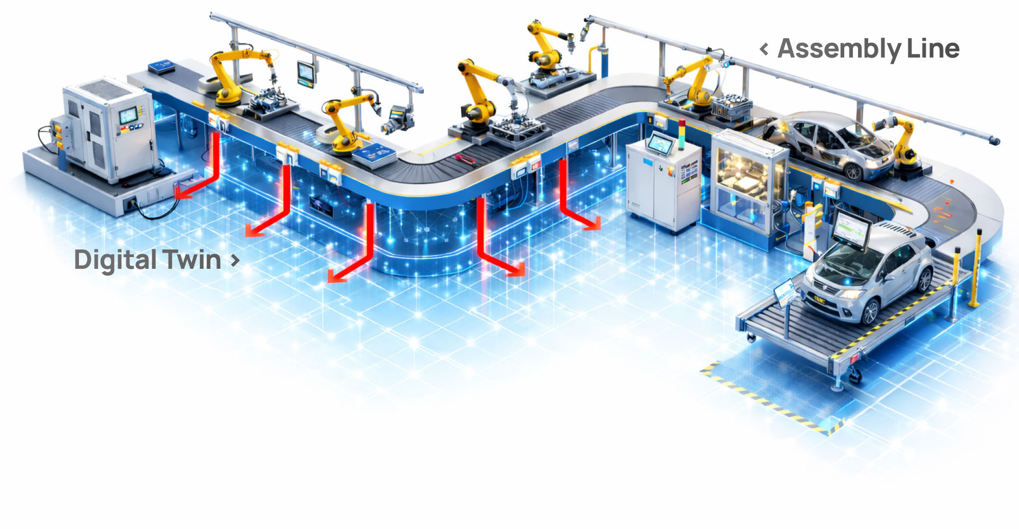 Isometric ODIN Workstation assembly line, labelled Assembly Line above and Digital Twin below