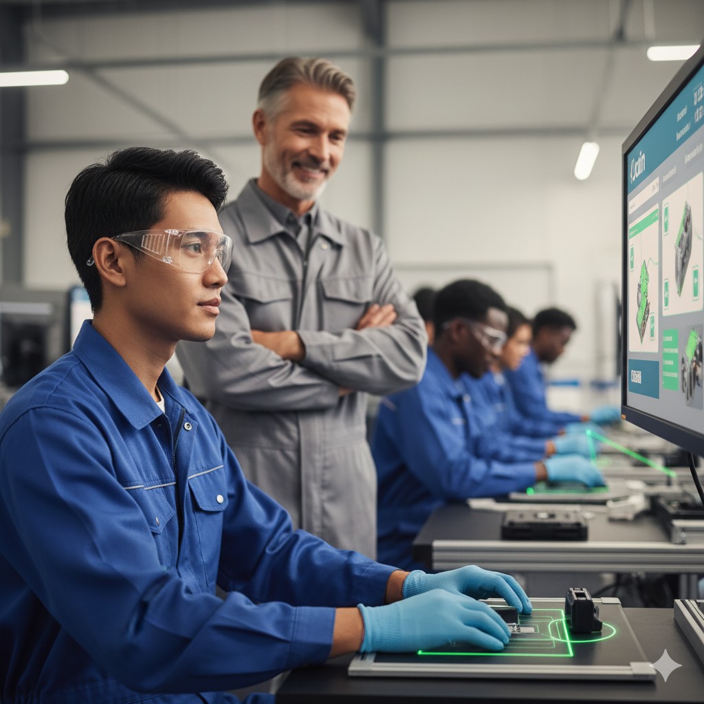 Operators at ODIN Workstation screens with a supervisor reviewing their work