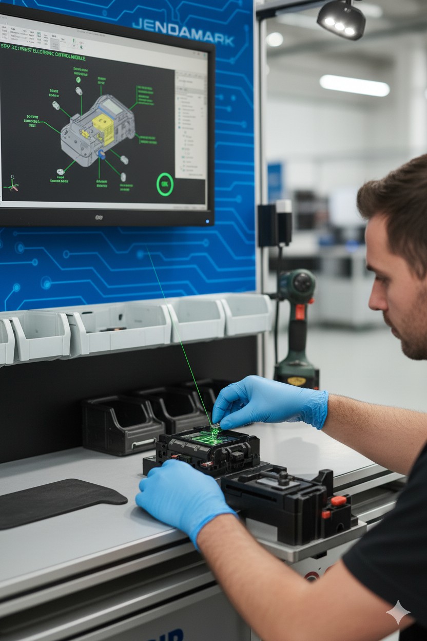 Operator assembling a module at an ODIN Workstation with on-screen guidance and a torque tool