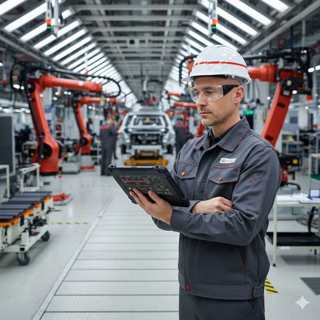 Operator reviewing guided work instructions on a tablet beside a robotic assembly line