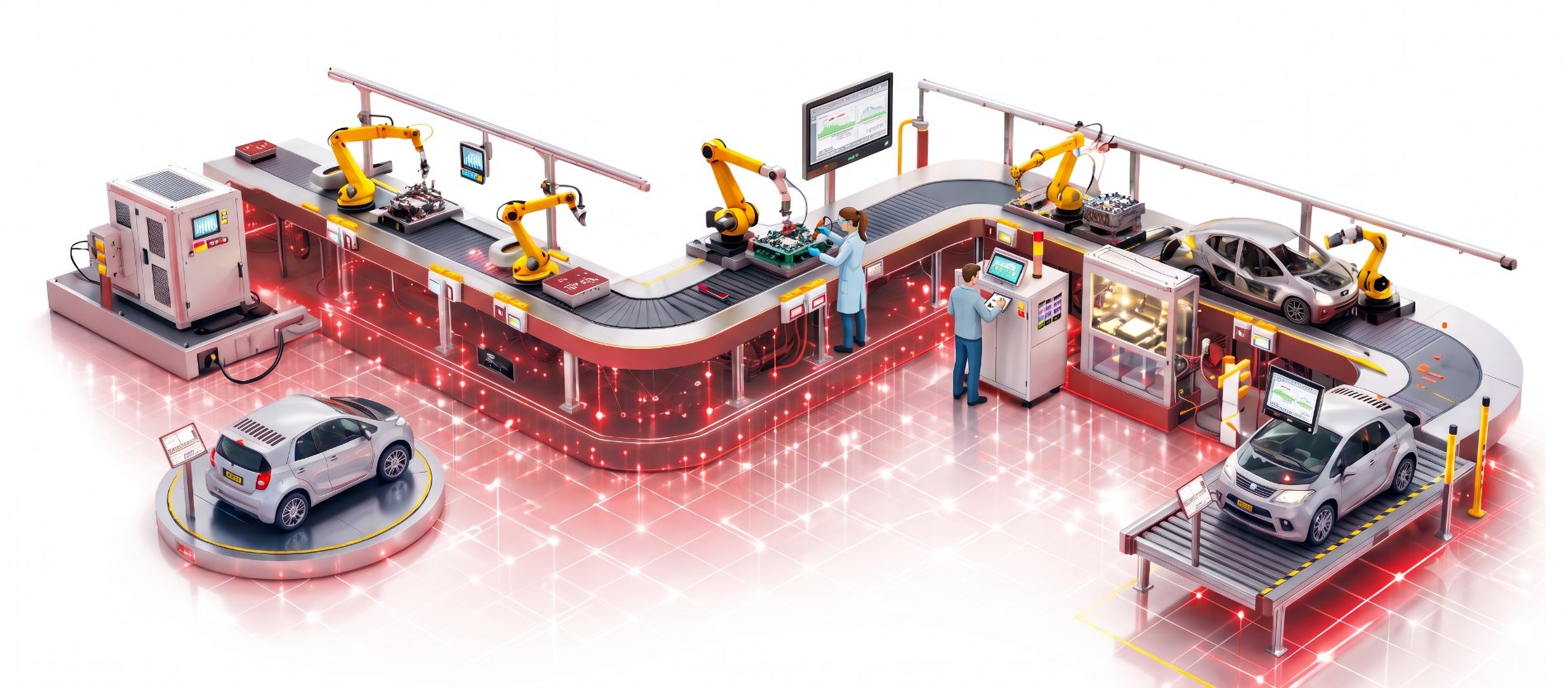 Isometric ODIN Workstation assembly line, labelled Assembly Line above and Digital Twin below